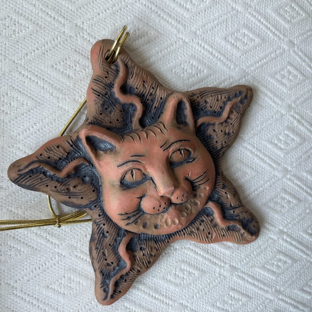 Shoestring Studios Cat ceramic ornament Terra cotta handmade Vintage